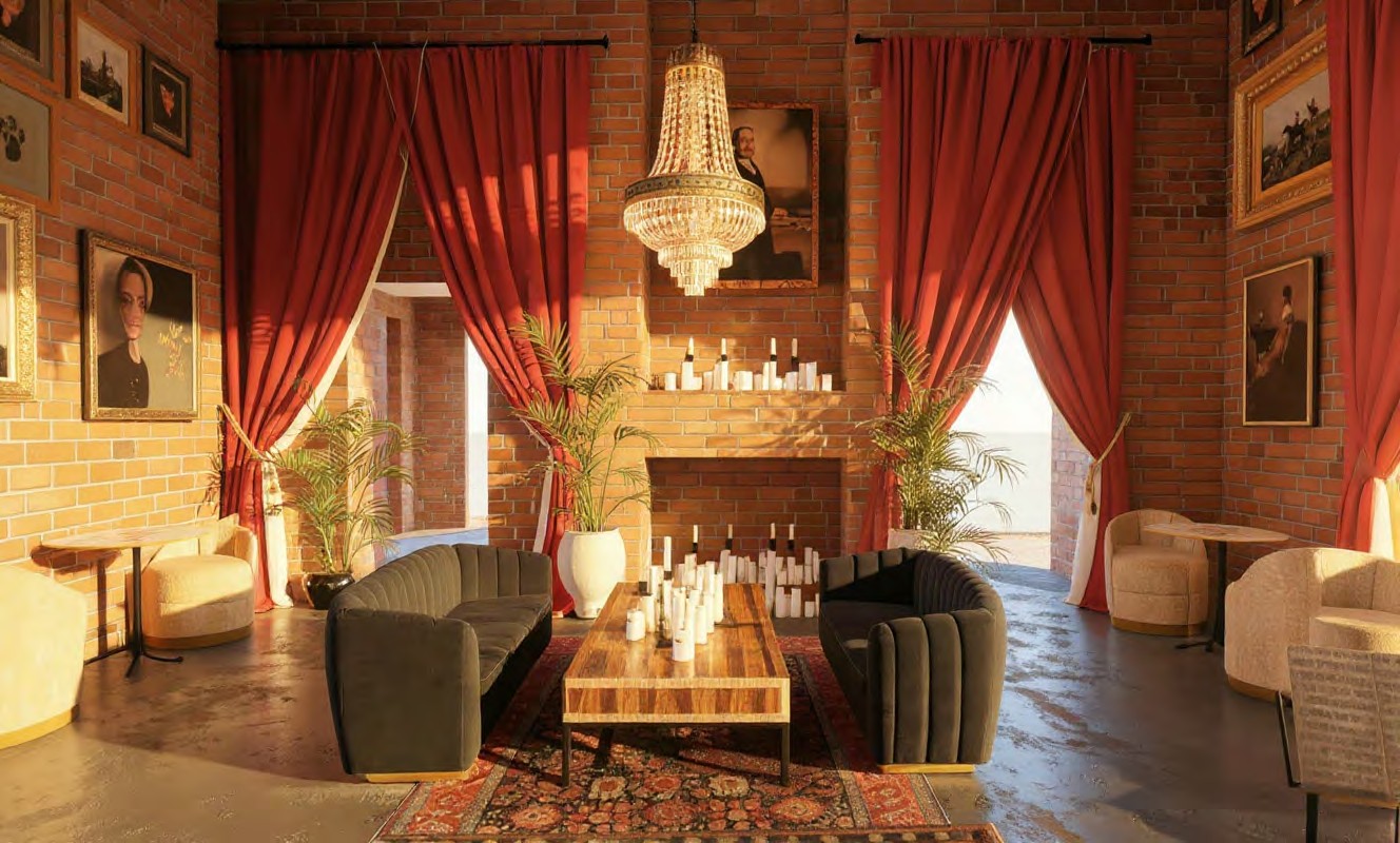 Intimate Cellars lounge with paired sofas, red velvet curtains, chandelier and historic brickwork