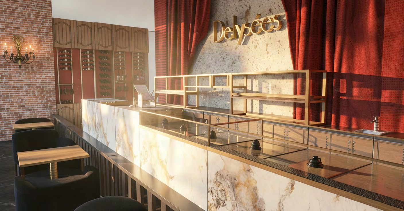 Delysées marble dessert counter framed by deep red curtains